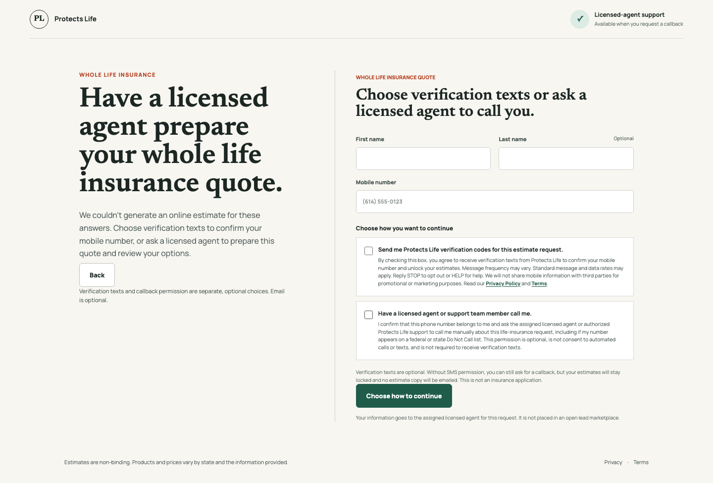 Protects Life estimate form on a desktop screen with separate unchecked choices for verification texts and a callback