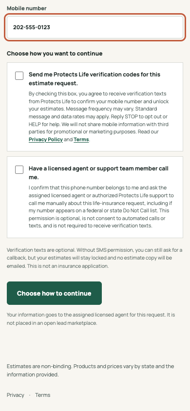Live Protects Life estimate flow on a 390 pixel mobile screen with fictional test values, the verification-text choice unchecked, and a separate unchecked callback choice